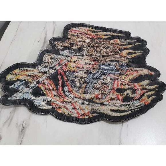 FLAMING SKELETON MOTORCYCLE RIDER EMBROIDERED IRON ON PATCH - 12" W x 9" H - Picture 4 of 6